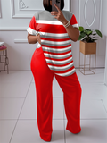 Plus Size Women's Loose Fit Color Block Striped Short Sleeve Shirt and Pants Set