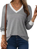 Women's Simple Contrast Trim V Neck Long Sleeve Sweatshirts