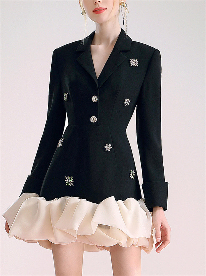 Women's V-neck Long Sleeve Organza Patchwork Suit Dress