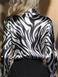 Women's Elegant Zebra Pattern Satin Long Sleeve Lapel Blouses