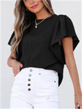 Women's Round Neck Solid Color Striped Lotus Sleeve Shirts