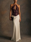 Women Lace Halter Satin Backless Evening Party Maxi Dress