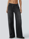 Women's Solid Color Criss-Cross Waist Wide Leg Denim Pants