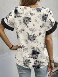 Women's Floral Printed Round Neck Ruffled Sleeve Chiffon Shirts