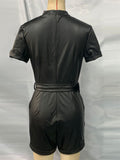 Women's All Black Solid Color V Neck Short Sleeve Jumpsuits with Belt