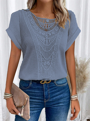 Women's Summer Solid Color Lace Stitching Short Sleeve Shirts