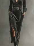 A‌utumn Elegant Black Pullover Side Slit High Waist Maxi Dress for Women‌