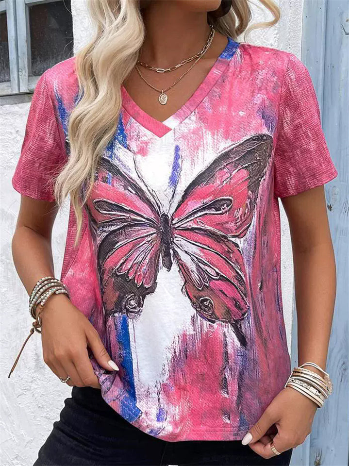 Women's Summer V-neck Butterfly Printed Contrast Color Short-sleeved T-shirts