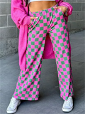 Women's Casual Checkerboard Plaid High Rise Wide Leg Pants