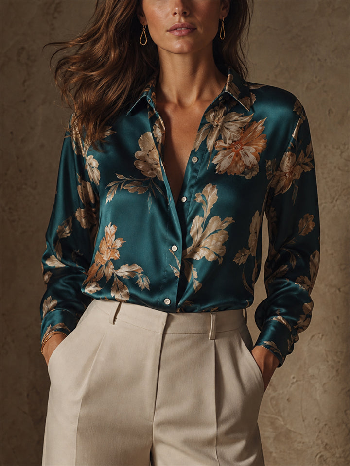 Women Floral Satin Silky Long Sleeve Button Down Blouse