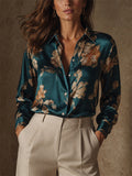 Women Floral Satin Silky Long Sleeve Button Down Blouse