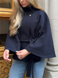 Women's Solid Color Stand Collar Tie-waist BatWing Sleeve Coats