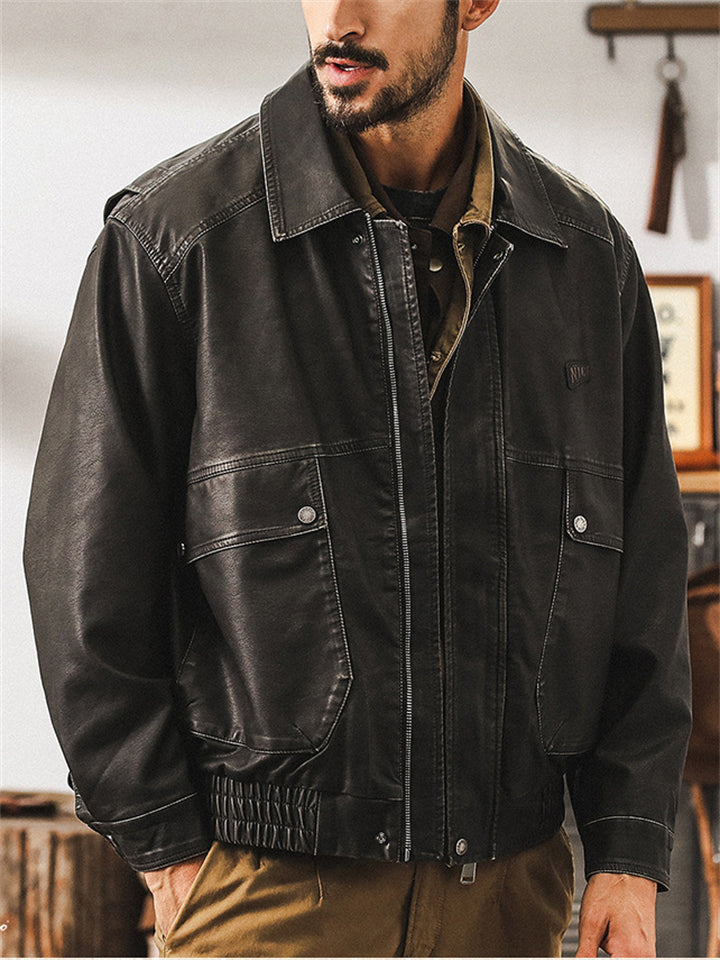 Casual Men's Retro Faux Leather Lapel Cargo Motorcycle Jacket