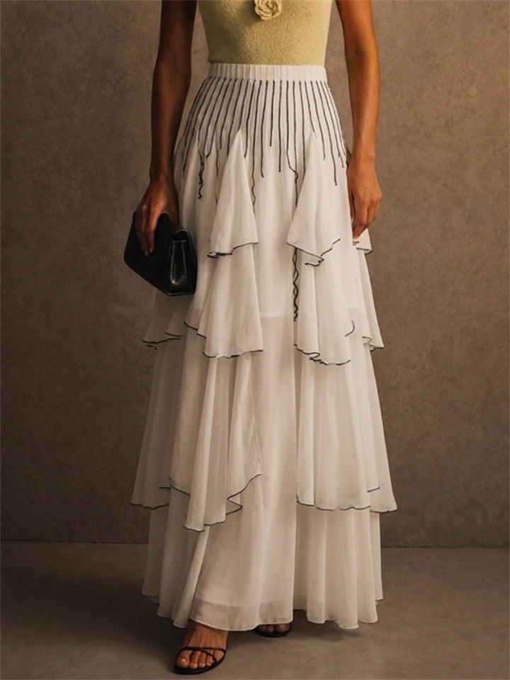 Women White Chiffon Contrast Trim Tiered Ruffle Maxi Skirt