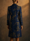 Women Elegant Navy Gold Floral Satin Tailored Long Blazer Coat