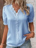 Women's Lace V Neck Puff Short Sleeve Macaroon Color Dream Blouses