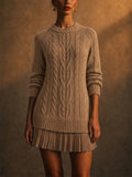 Women Soft Cable Knit Mini Sweater Dress With Pleated Hem