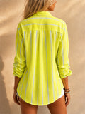Women Oversized Lime Green Striped Button Down Long Shirt
