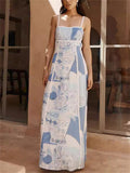 Women's Geometry Print Blue Square Neck Strappy Dress