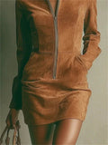 ‌Women's Vintage Brown Faux Suede Zipper Mini Dress