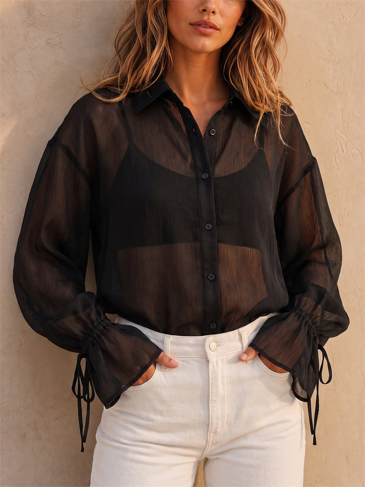 Women Black Sheer Lantern Sleeve Button Down Blouse Shirt