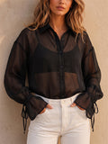 Women Black Sheer Lantern Sleeve Button Down Blouse Shirt