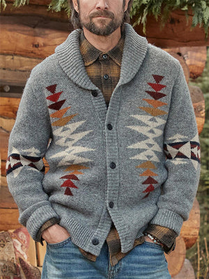 Men's Grey Knitwear Jacquard Button Sweaters Coat
