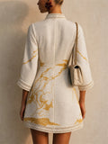 Women V Neck Boho Abstract Print Resort Lace Trim Mini Dress