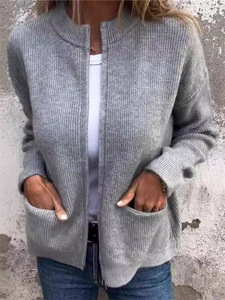 Women's Soft Knit Autumn Pockets Zip Up Open Front Cardigan Sweaters