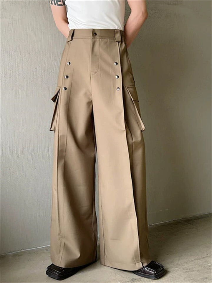 Spring Men's High-Waist Loose Fit Utility Cargo Trousers with Pockets