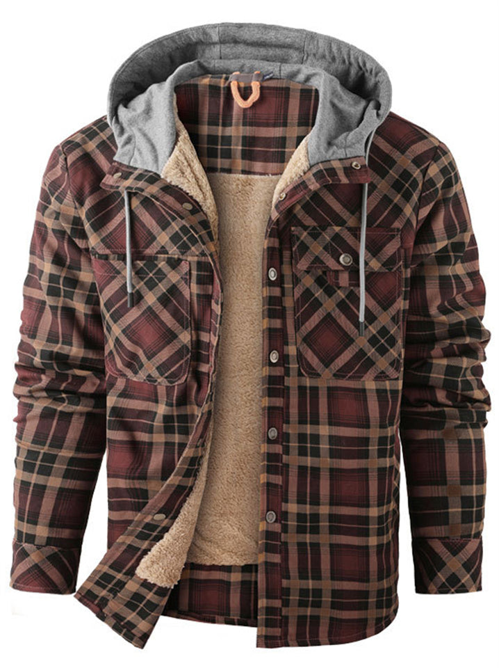 Men's Winter Warm Fleece Lined Thick Cotton Plaid Hooded Outwear