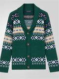 Men's Autumn Green British Style Jacquard Long Sleeve Cardigan Sweater