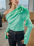 Women's Green Ruffled Long Sleeve Asymmetric Top