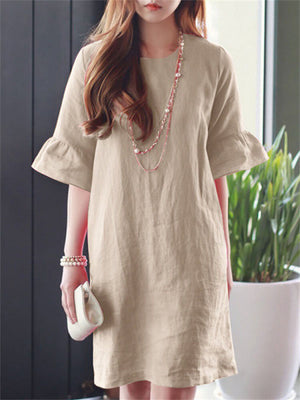 Leisure Round Neck Bell Sleeve Mini Dress for Women