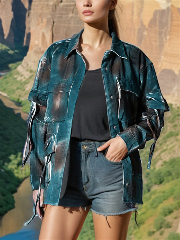 Women's Loose Gradient Patchwork Pockets Cargo Jacket