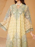 Women's Yellow Elegant Embroidery Beads Round Neck Muslim Robe Dress