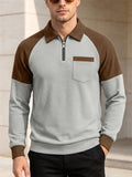 Men Waffle Knit Polo Shirt Zip Up Color Block Long Sleeve Top