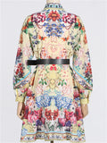 Women's Long Sleeve Summer Floral Print Button Up Lapel Mini Dress