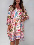Women's V Neck Trendy Flowers Printed 3/4 Sleeve Dress