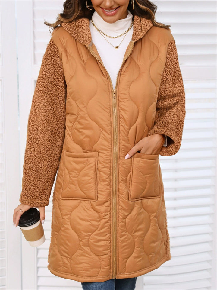 Women's Autumn Patchwork Pockets Hooded Quilted Coats