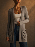 Women Ribbed Knit Open Front Cardigan with Pleated Pockets