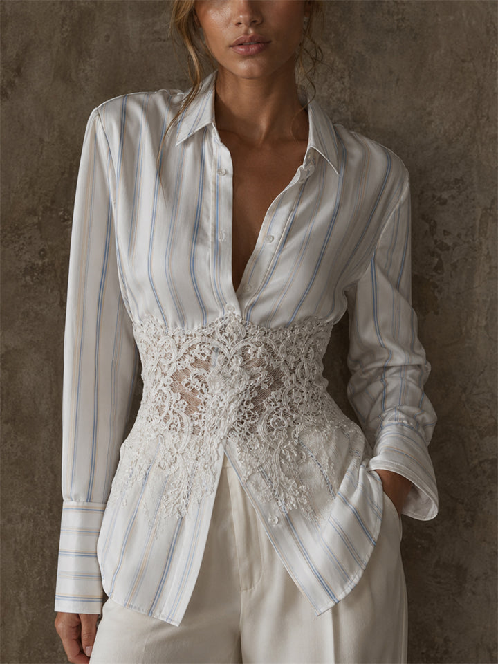 Women's Chic Striped Lace Corset Waist Button Down Blouse