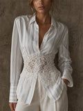 Women's Chic Striped Lace Corset Waist Button Down Blouse
