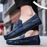 Male's Trendy Faux Leather Roses Printed Flats Moccasin Shoes