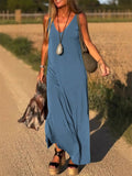 Women's Summer Solid Color V Neck Sleeveless Maxi Dress