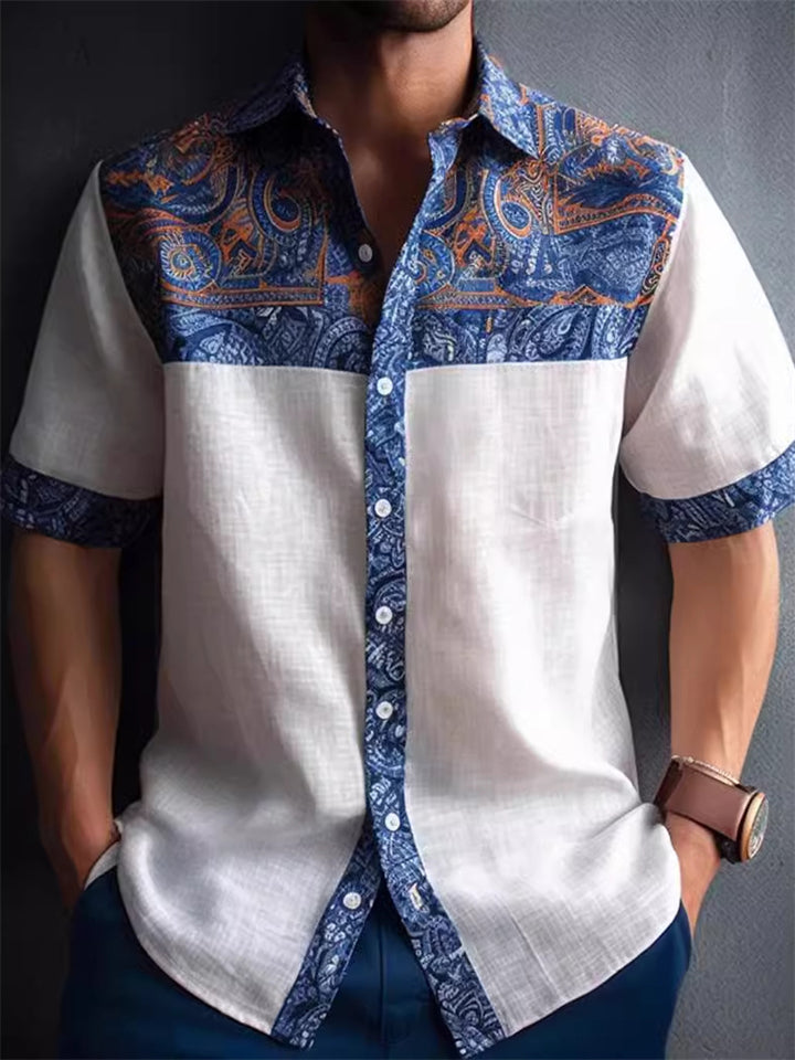 Men's Summer Blue Print Contrast Color Holiday Style Short Sleeve Shirt
