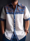 Men's Summer Blue Print Contrast Color Holiday Style Short Sleeve Shirt