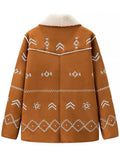 Women's Winter Contrast Color Print Lapel Pockets Coat