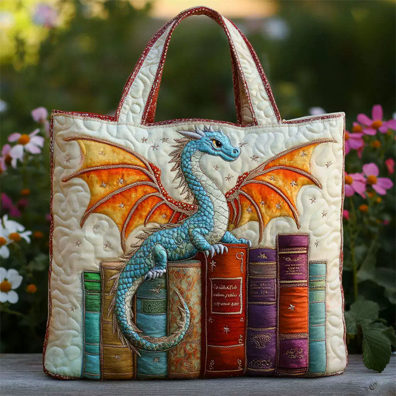 Emerald Book Guardian Dragon Quilted Tote Handbags