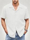 Men's Solid Color Waffle Button Up Suit Collar Short Sleeve Shirts